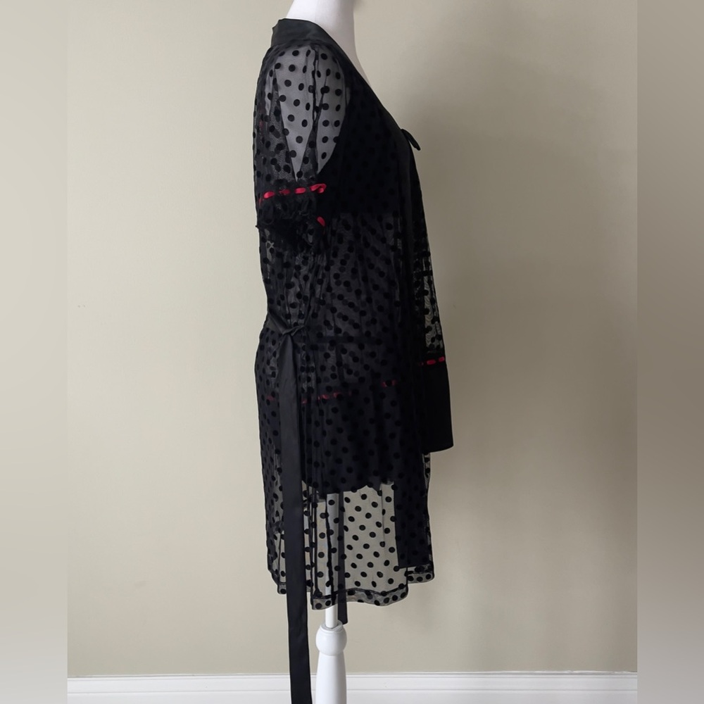 Linea Donatella Black Sheer Polka Dot with Red Accent Set of babydoll and Kimono - Picture 2 of 7